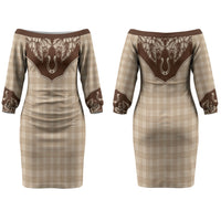 Hawai'i Paniolo Motif Leather Brown Couples Matching Off The Shoulder Long Sleeve Dress and Hawaiian Shirt Floral Palaka Print LT7 - Polynesian Pride