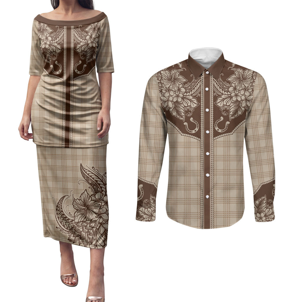 Hawai'i Paniolo Motif Leather Brown Couples Matching Puletasi and Long Sleeve Button Shirt Floral Palaka Print LT7 Brown - Polynesian Pride