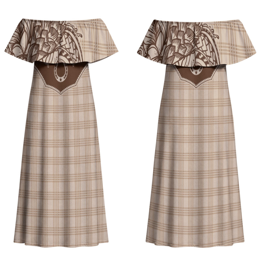 Hawai'i Paniolo Motif Leather Brown Family Matching Off Shoulder Maxi Dress and Hawaiian Shirt Floral Palaka Print LT7 Mom's Dress Brown - Polynesian Pride