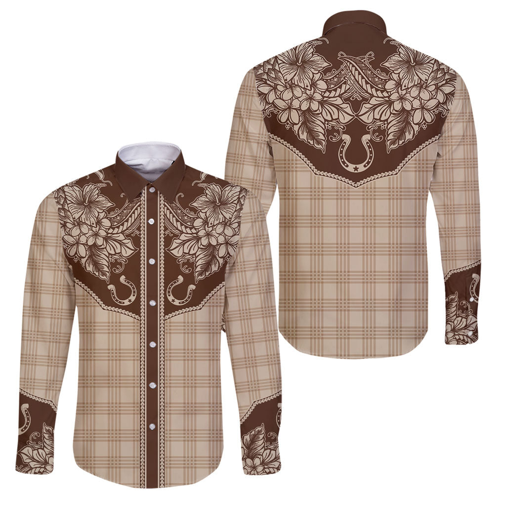 Hawai'i Paniolo Motif Leather Brown Family Matching Off Shoulder Maxi Dress and Hawaiian Shirt Floral Palaka Print LT7 Dad's Shirt - Long Sleeve Brown - Polynesian Pride