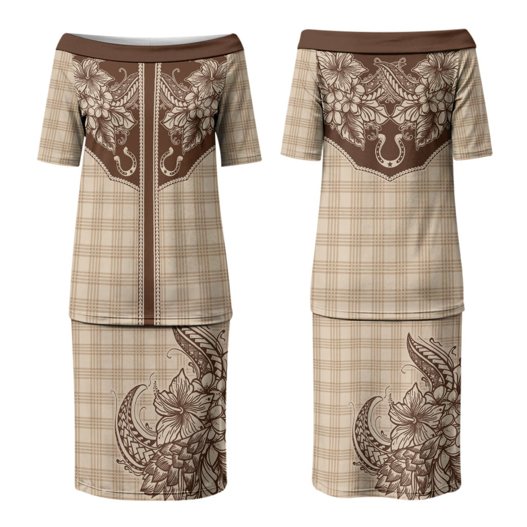 Hawai'i Paniolo Motif Leather Brown Family Matching Puletasi and Hawaiian Shirt Floral Palaka Print LT7 Mom's Dress Brown - Polynesian Pride