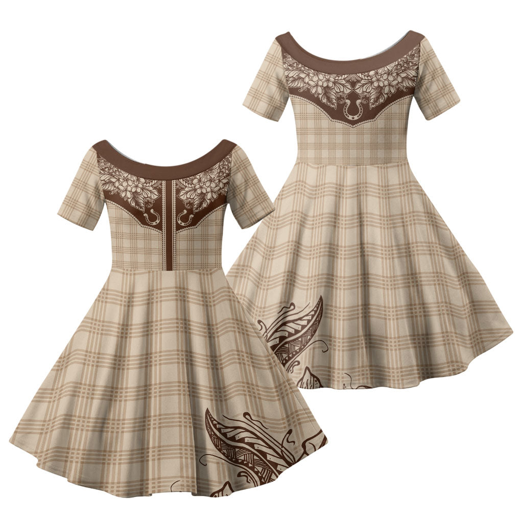 Hawai'i Paniolo Motif Leather Brown Family Matching Puletasi and Hawaiian Shirt Floral Palaka Print LT7 Daughter's Dress Brown - Polynesian Pride