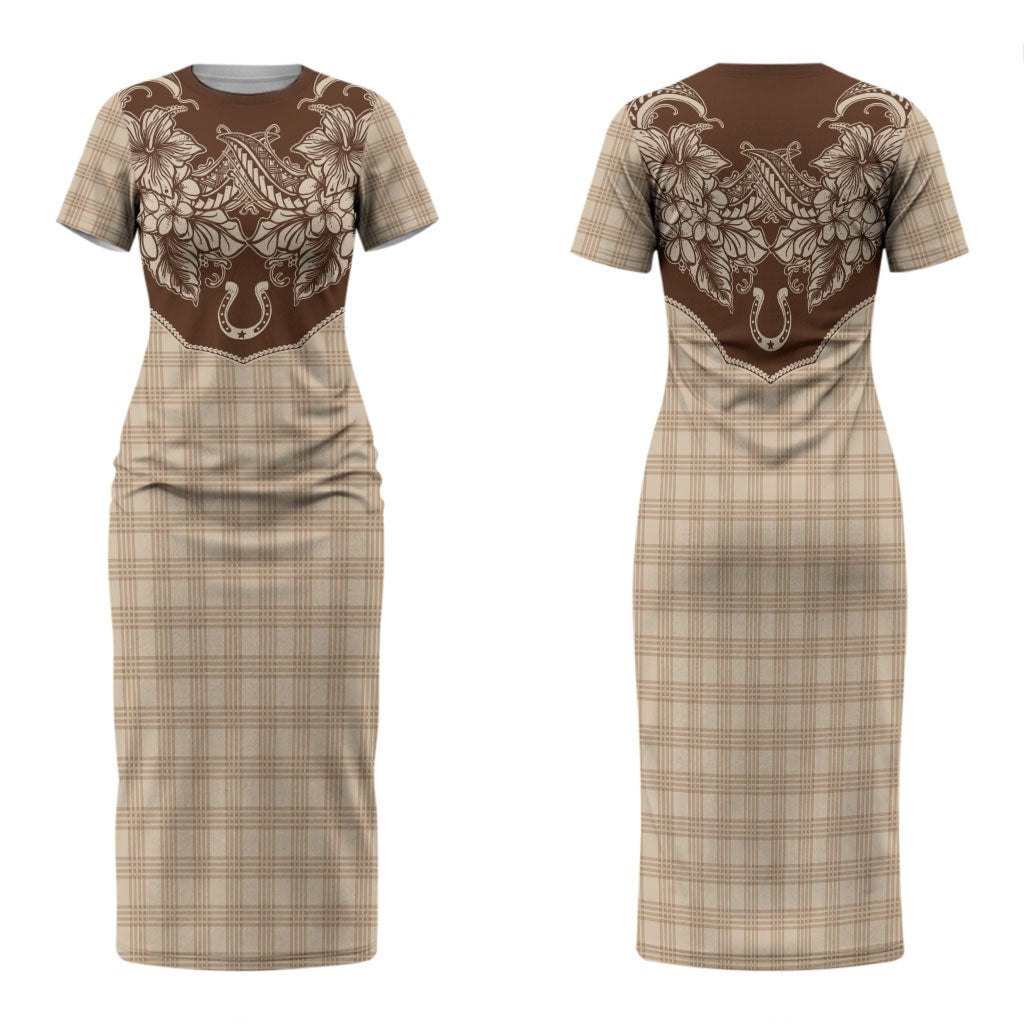Hawai'i Paniolo Motif Leather Brown Family Matching Short Sleeve Bodycon Dress and Hawaiian Shirt Floral Palaka Print LT7 Mom's Dress Brown - Polynesian Pride
