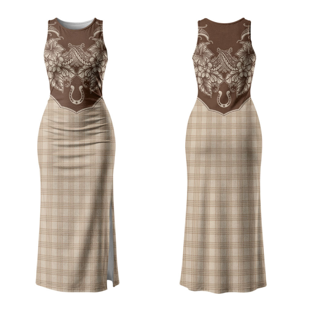 Hawai'i Paniolo Motif Leather Brown Family Matching Tank Maxi Dress and Hawaiian Shirt Floral Palaka Print LT7 Mom's Dress Brown - Polynesian Pride