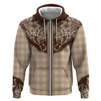 Hawai'i Paniolo Motif Leather Brown Hoodie Floral Palaka Print LT7 Zip Hoodie Brown - Polynesian Pride