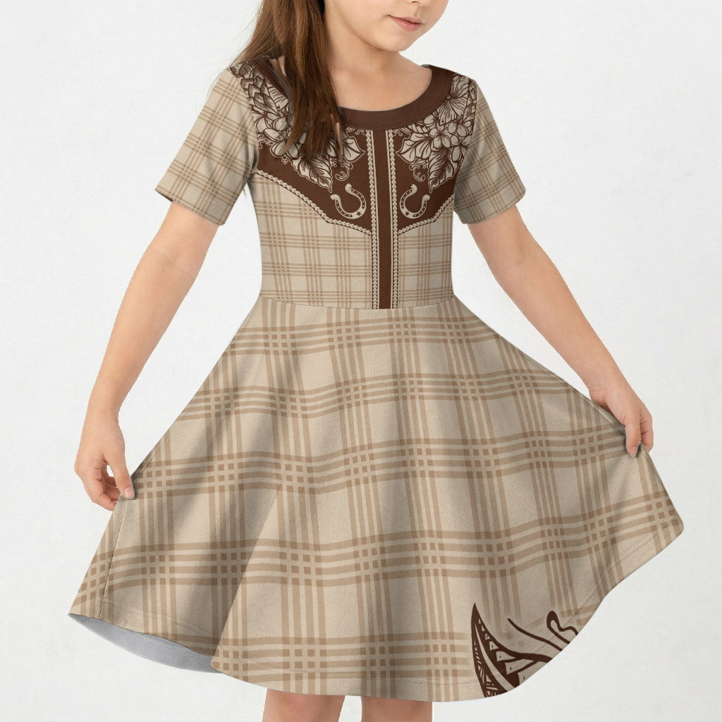 Hawai'i Paniolo Motif Leather Brown Kid Short Sleeve Dress Floral Palaka Print LT7 KID Brown - Polynesian Pride