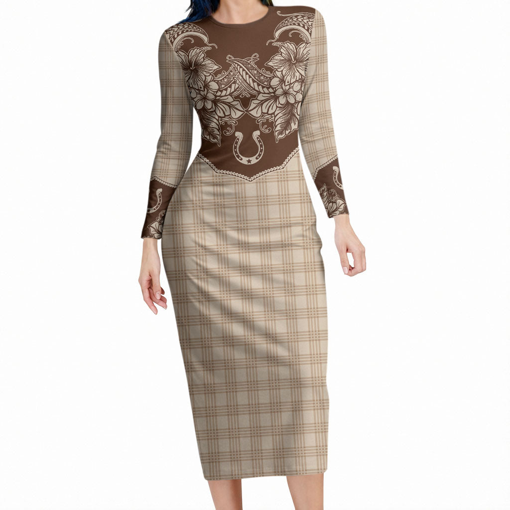 Hawai'i Paniolo Motif Leather Brown Long Sleeve Bodycon Dress Floral Palaka Print