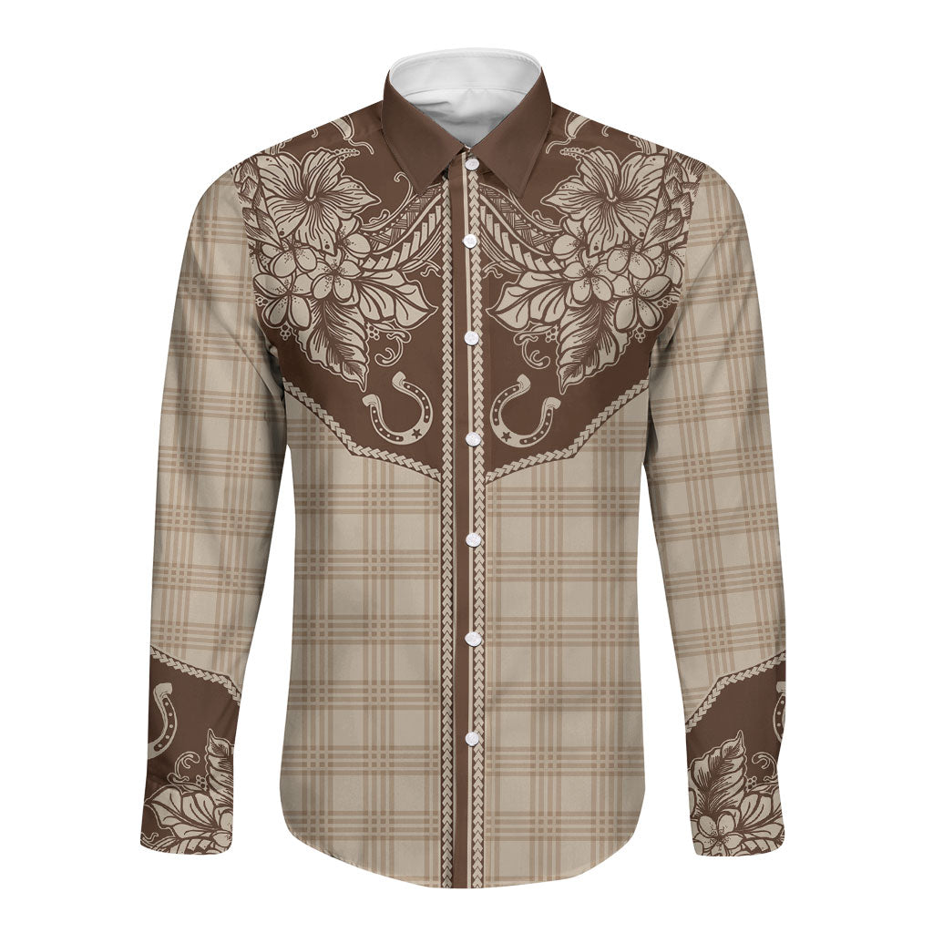 Hawai'i Paniolo Motif Leather Brown Long Sleeve Button Shirt Floral Palaka Print LT7 Unisex Brown - Polynesian Pride