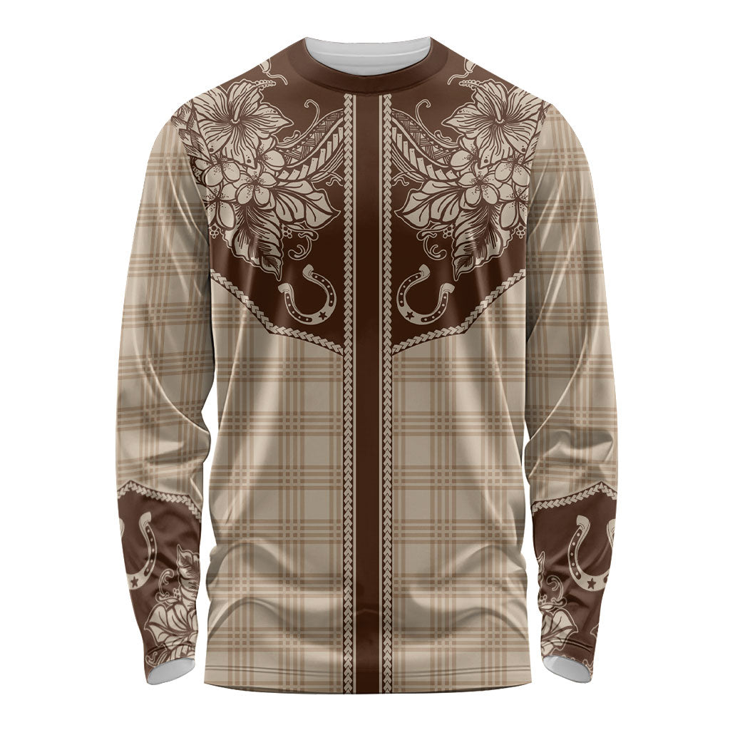 Hawai'i Paniolo Motif Leather Brown Long Sleeve Shirt Floral Palaka Print LT7 Unisex Brown - Polynesian Pride