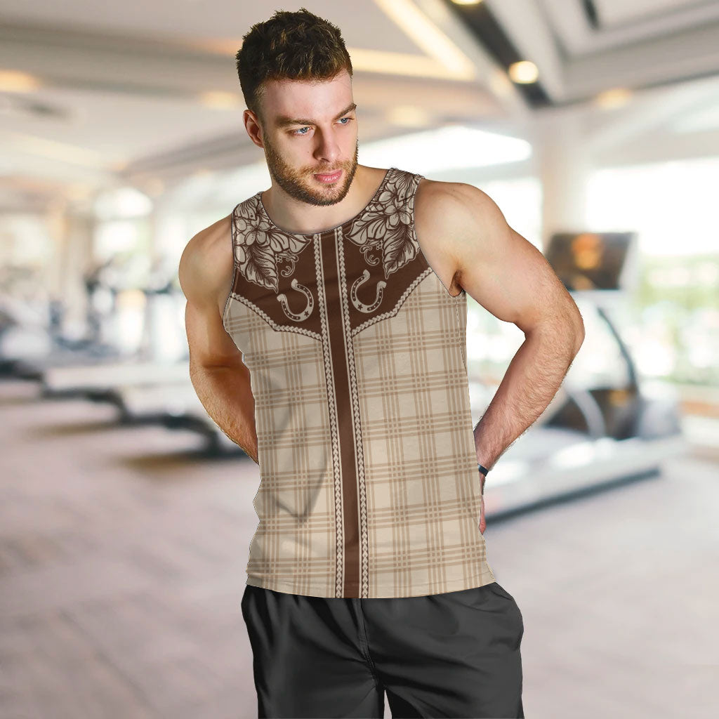 Hawai'i Paniolo Motif Leather Brown Men Tank Top Floral Palaka Print LT7 Brown - Polynesian Pride