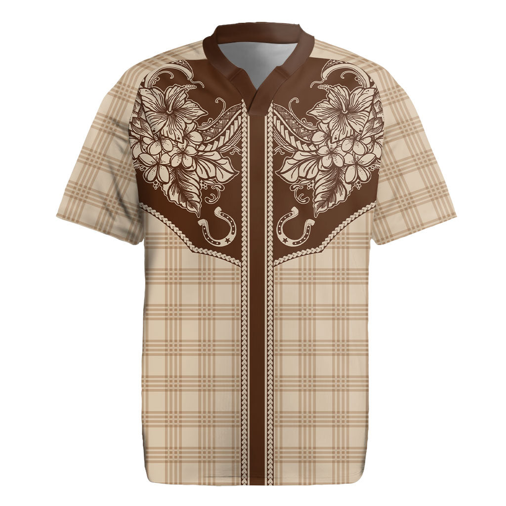 Hawai'i Paniolo Motif Leather Brown Rugby Jersey Floral Palaka Print