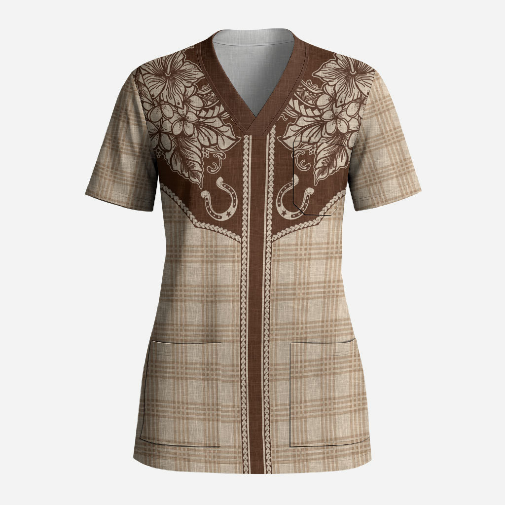 Hawai'i Paniolo Motif Leather Brown Scrub Top Floral Palaka Print LT7 Adult Brown - Polynesian Pride