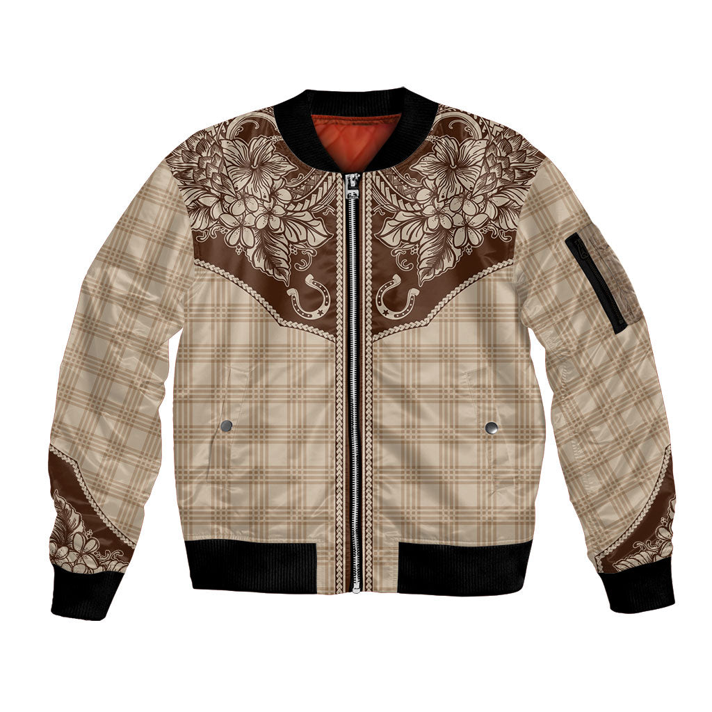 Hawai'i Paniolo Motif Leather Brown Sleeve Zip Bomber Jacket Floral Palaka Print LT7 Unisex Brown - Polynesian Pride
