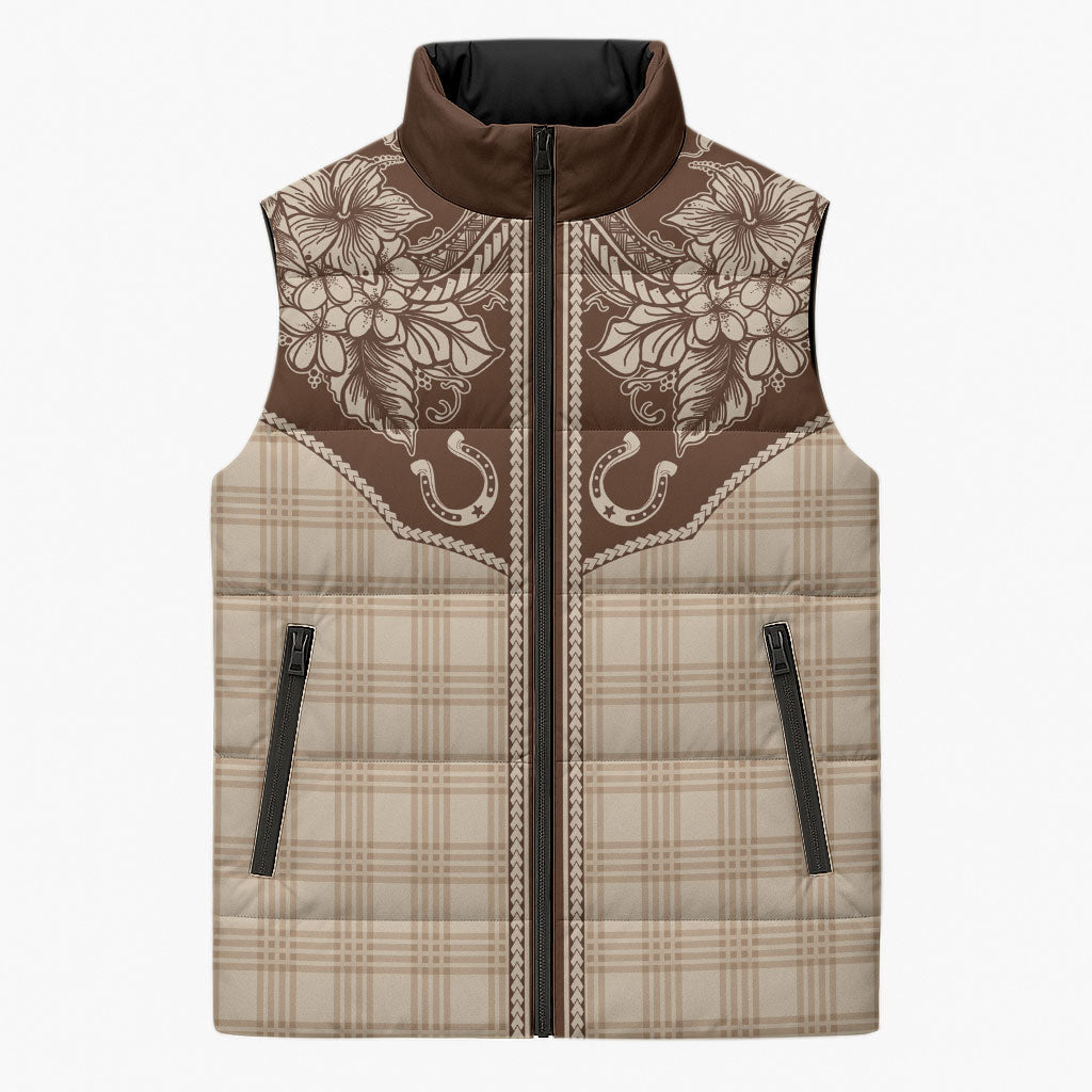 Hawai'i Paniolo Motif Leather Brown Sleeveless Puffer Jacket Floral Palaka Print LT7 Unisex Brown - Polynesian Pride