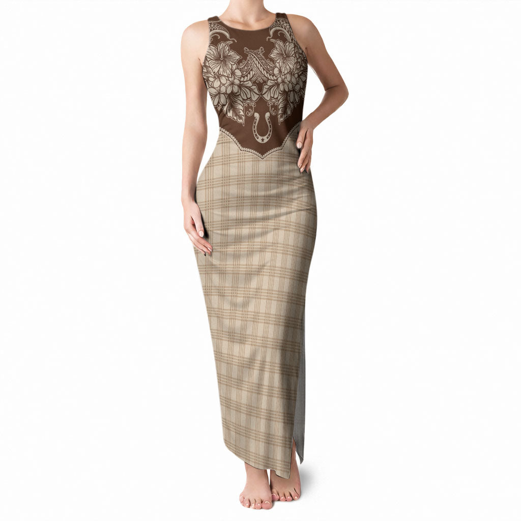 Hawai'i Paniolo Motif Leather Brown Tank Maxi Dress Floral Palaka Print