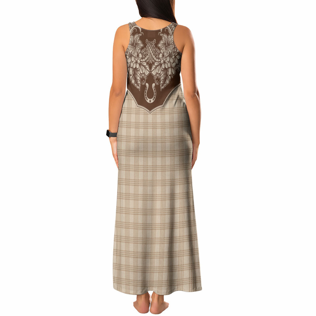 Hawai'i Paniolo Motif Leather Brown Tank Maxi Dress Floral Palaka Print