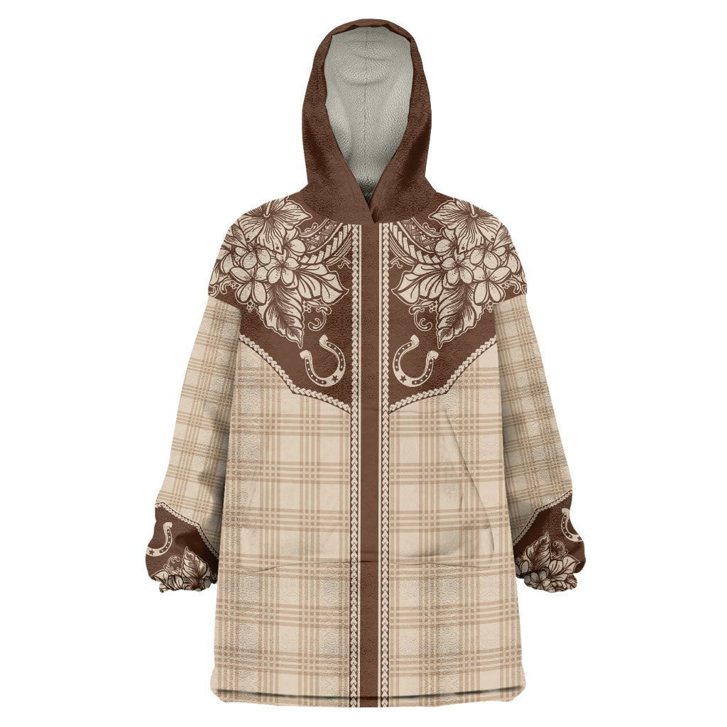 Hawai'i Paniolo Motif Leather Brown Wearable Blanket Hoodie Floral Palaka Print