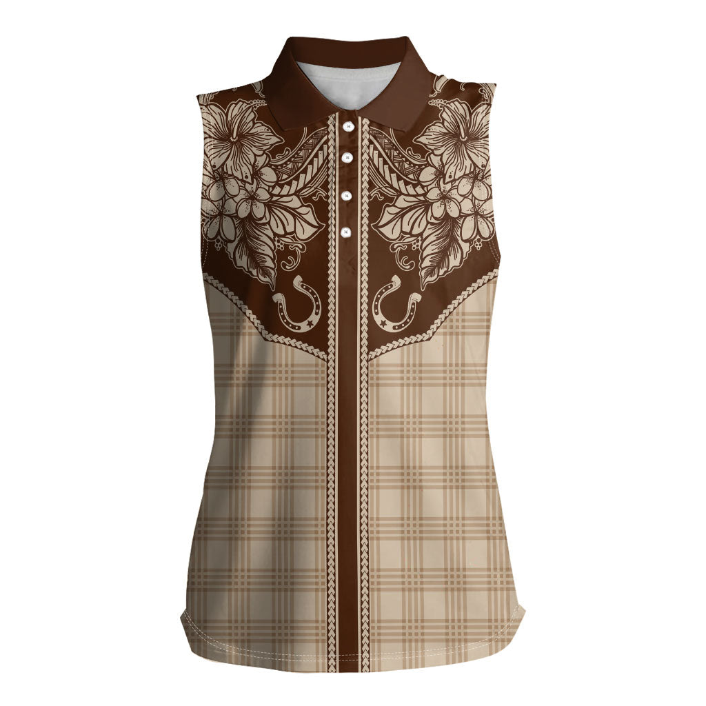 Hawai'i Paniolo Motif Leather Brown Women Sleeveless Polo Shirt Floral Palaka Print LT7 Female Brown - Polynesian Pride