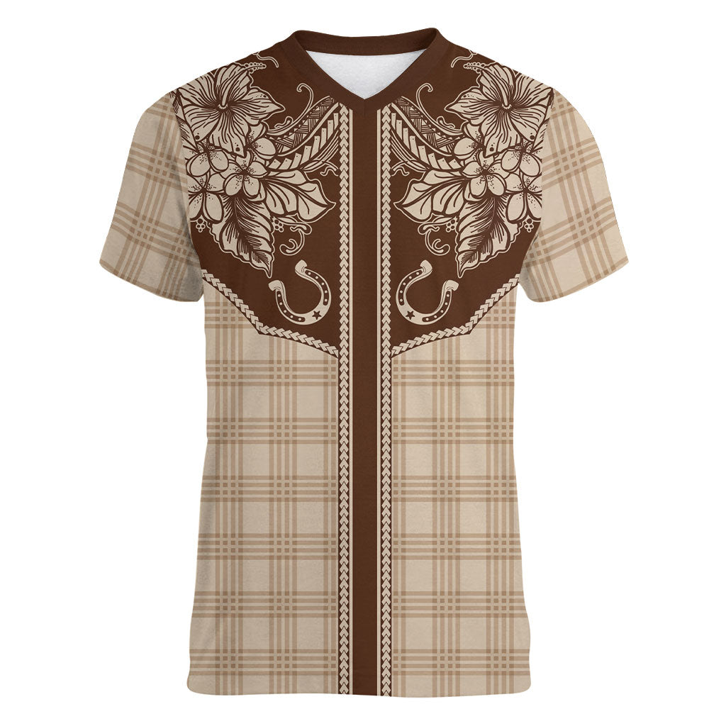 Hawai'i Paniolo Motif Leather Brown Women V-Neck T-Shirt Floral Palaka Print LT7 Female Brown - Polynesian Pride