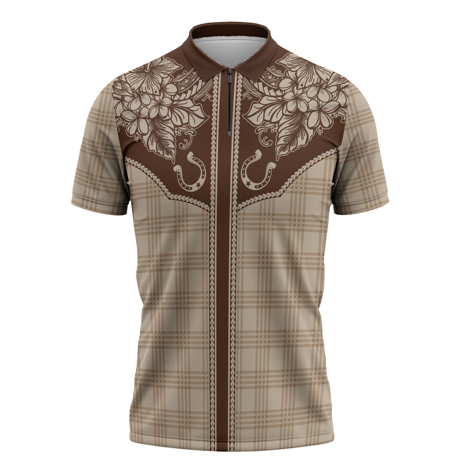 Hawai'i Paniolo Motif Leather Brown Zipper Polo Shirt Floral Palaka Print LT7 Brown - Polynesian Pride
