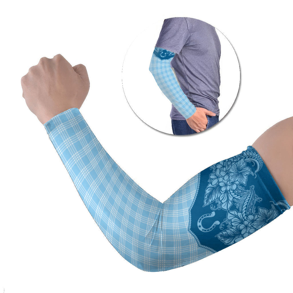 Hawai'i Paniolo Motif Deep Blue Arm Sleeves Floral Palaka Print LT7 Set of 2 Navy Blue - Polynesian Pride