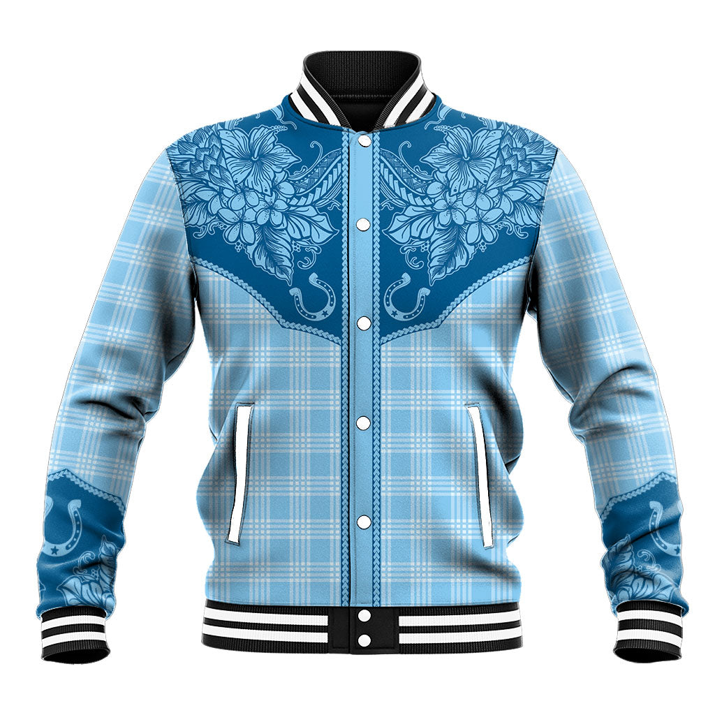Hawai'i Paniolo Motif Deep Blue Baseball Jacket Floral Palaka Print LT7 Unisex Navy Blue - Polynesian Pride