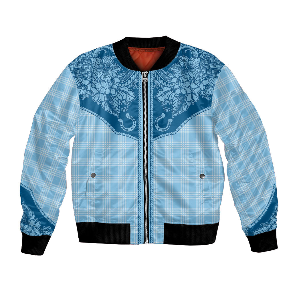 Hawai'i Paniolo Motif Deep Blue Bomber Jacket Floral Palaka Print LT7 Unisex Navy Blue - Polynesian Pride