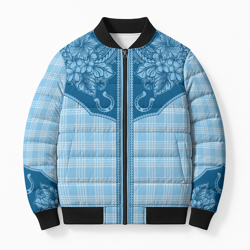 Hawai'i Paniolo Motif Deep Blue Bomber Puffer Jacket Floral Palaka Print LT7 Unisex Navy Blue - Polynesian Pride