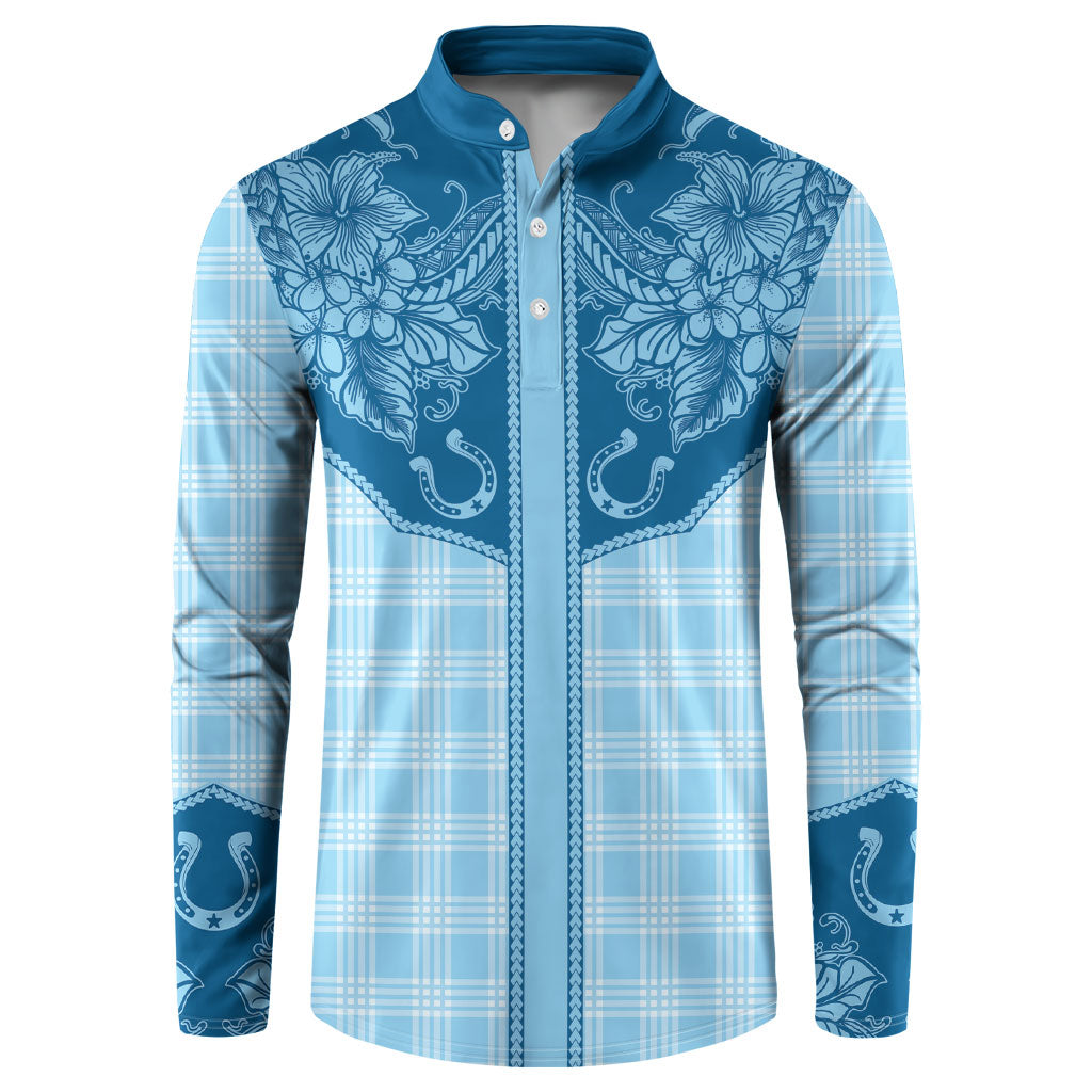 Hawai'i Paniolo Motif Deep Blue Button Sweatshirt Floral Palaka Print LT7 Navy Blue - Polynesian Pride