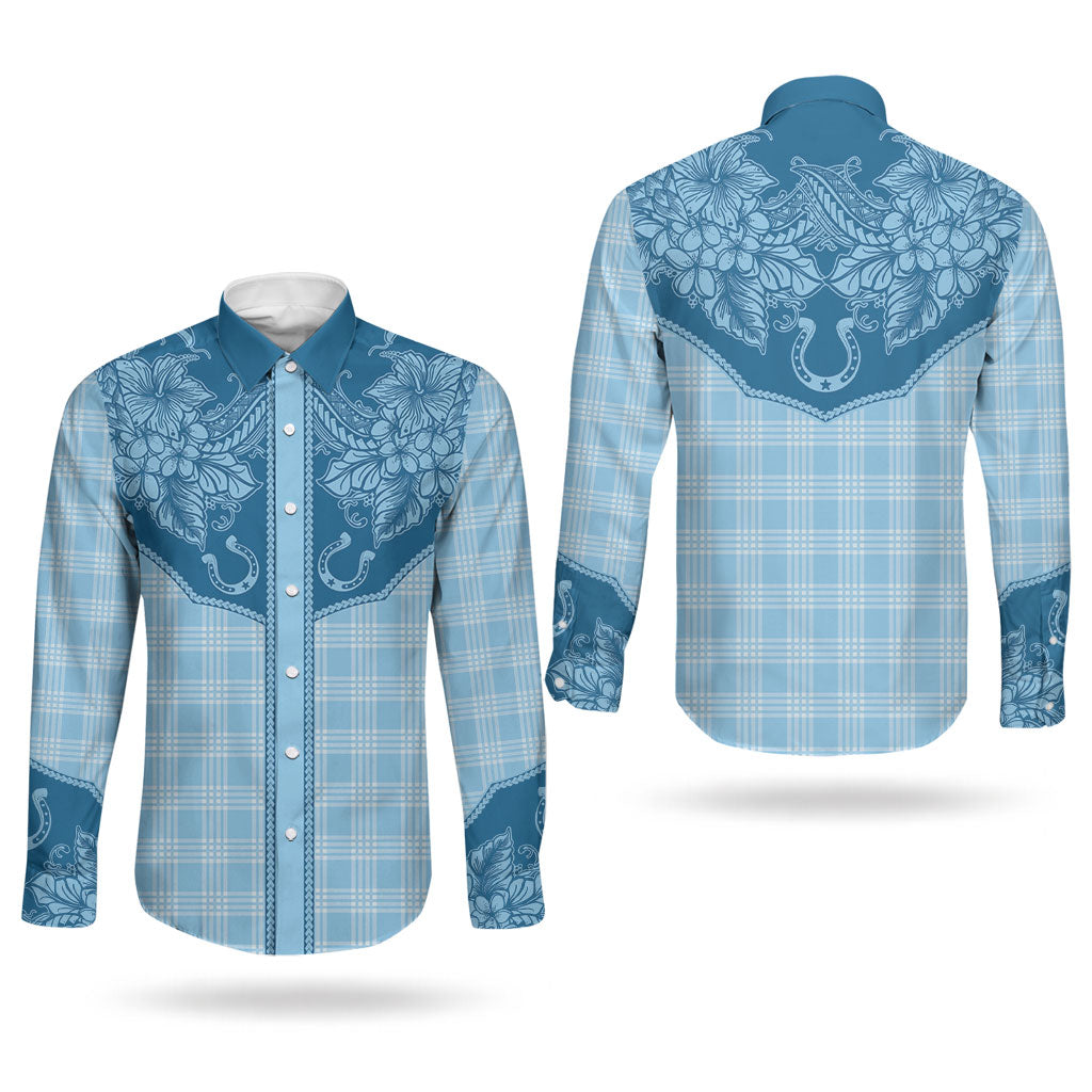 Hawai'i Paniolo Motif Deep Blue Couples Matching Mermaid Dress and Long Sleeve Button Shirt Floral Palaka Print LT7 - Polynesian Pride