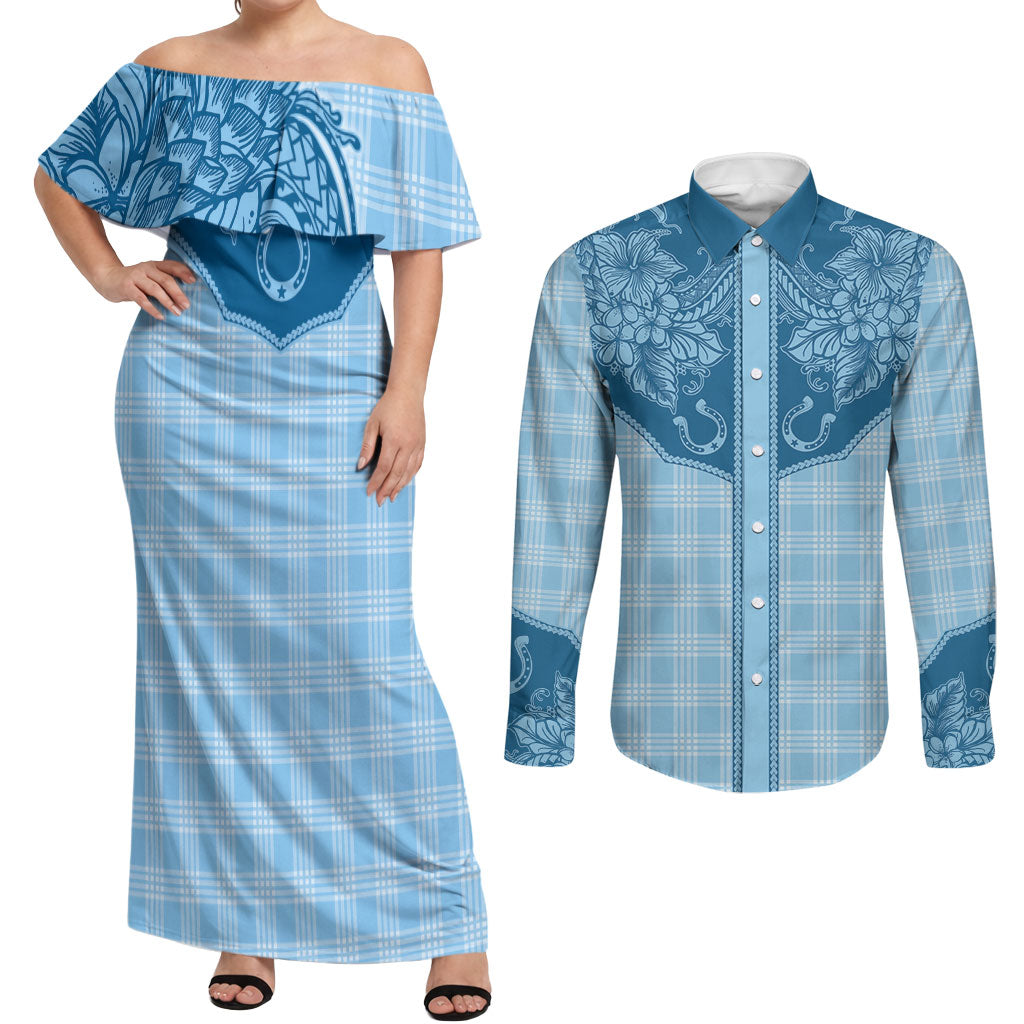 Hawai'i Paniolo Motif Deep Blue Couples Matching Off Shoulder Maxi Dress and Long Sleeve Button Shirt Floral Palaka Print LT7 Navy Blue - Polynesian Pride