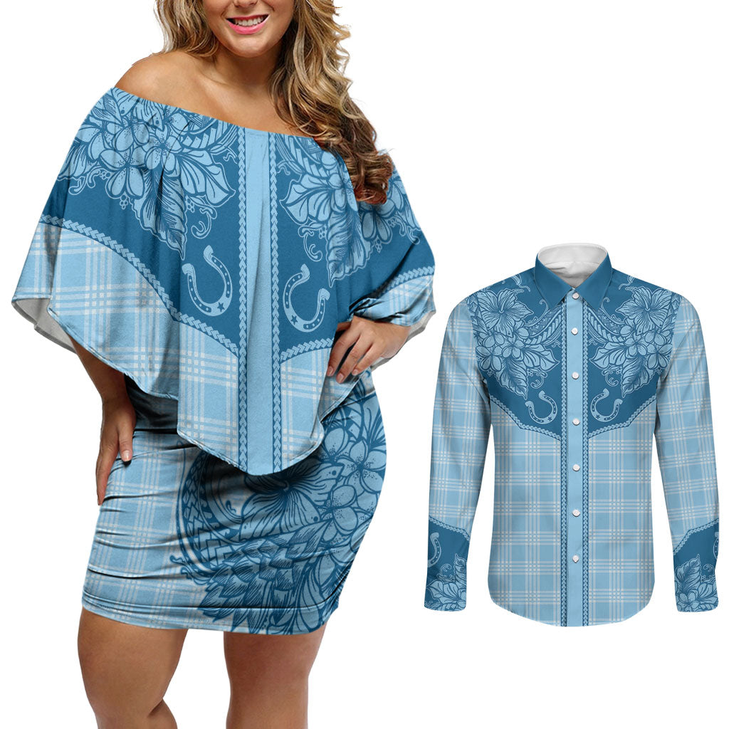 Hawai'i Paniolo Motif Deep Blue Couples Matching Off Shoulder Short Dress and Long Sleeve Button Shirt Floral Palaka Print LT7 Navy Blue - Polynesian Pride