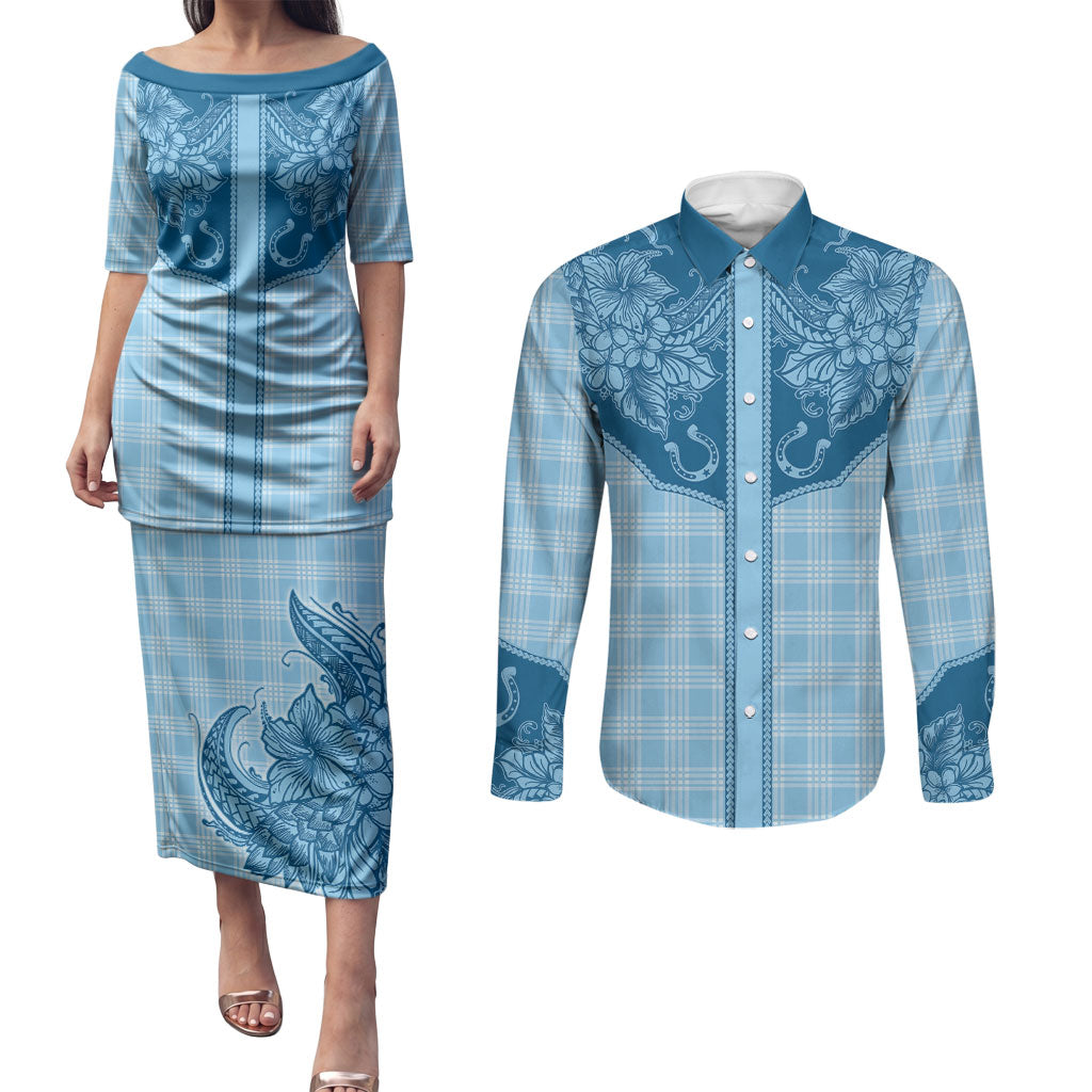 Hawai'i Paniolo Motif Deep Blue Couples Matching Puletasi and Long Sleeve Button Shirt Floral Palaka Print LT7 Navy Blue - Polynesian Pride