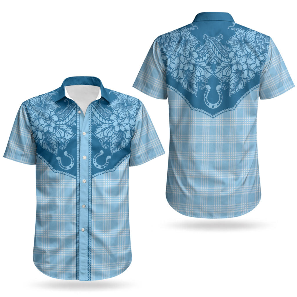 Hawai'i Paniolo Motif Deep Blue Couples Matching Short Sleeve Bodycon Dress and Hawaiian Shirt Floral Palaka Print LT7 - Polynesian Pride