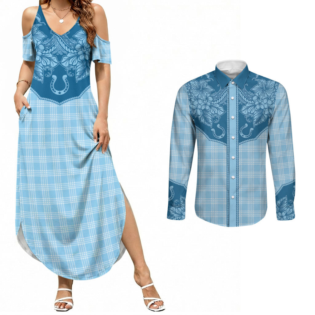 Hawai'i Paniolo Motif Deep Blue Couples Matching Summer Maxi Dress and Long Sleeve Button Shirt Floral Palaka Print LT7 Navy Blue - Polynesian Pride