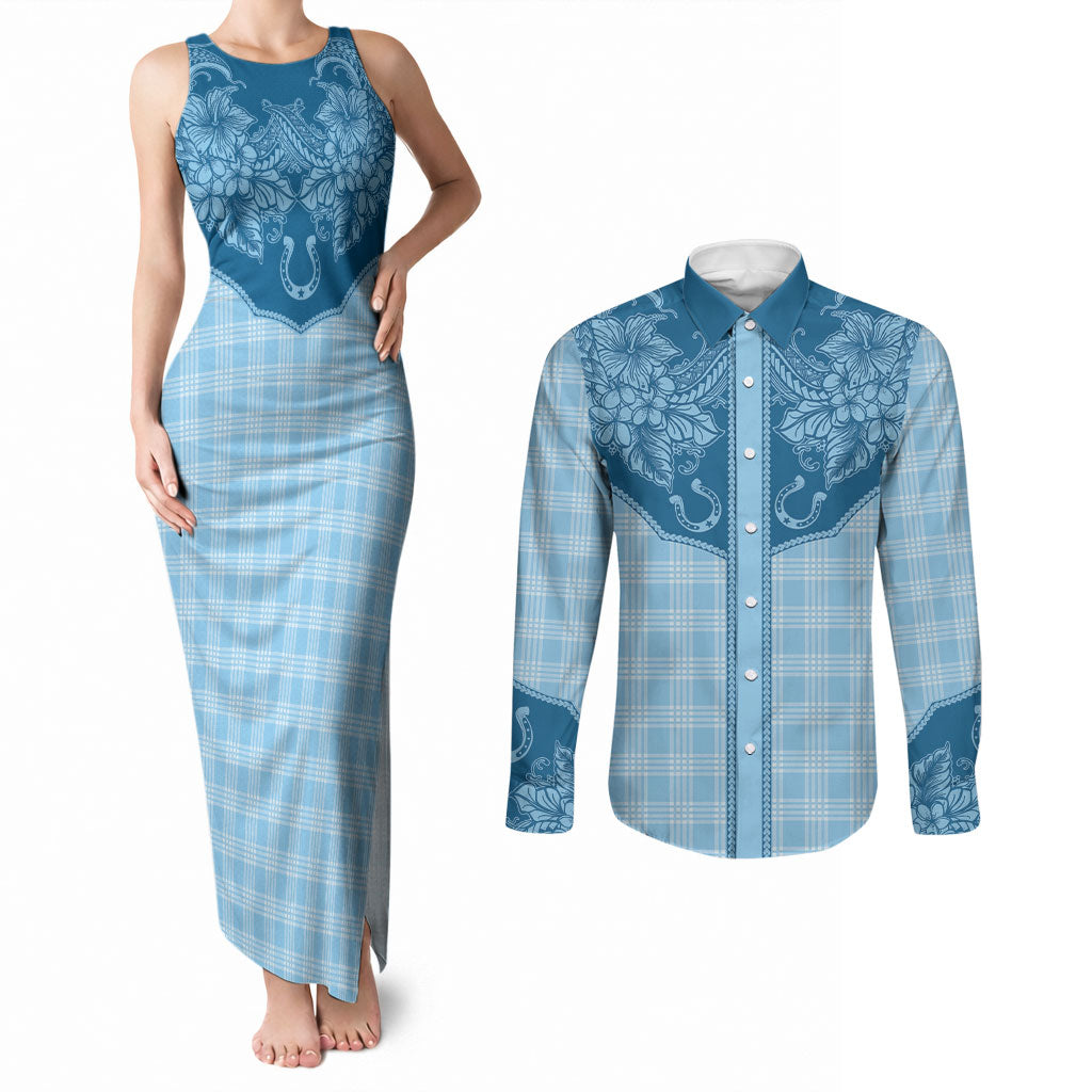 Hawai'i Paniolo Motif Deep Blue Couples Matching Tank Maxi Dress and Long Sleeve Button Shirt Floral Palaka Print LT7 Navy Blue - Polynesian Pride