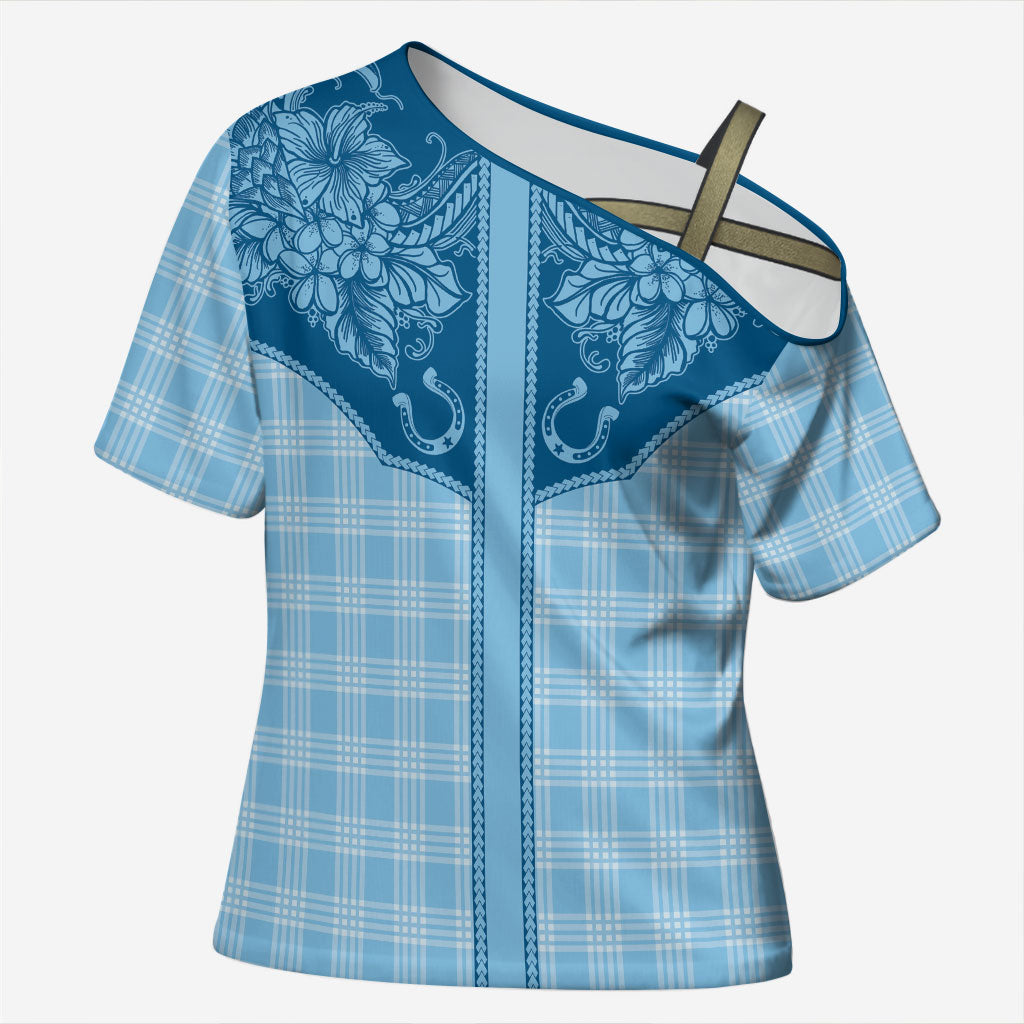 Hawai'i Paniolo Motif Deep Blue Cross Shoulder Shirt Floral Palaka Print LT7 Female Navy Blue - Polynesian Pride