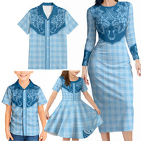 Hawai'i Paniolo Motif Deep Blue Family Matching Long Sleeve Bodycon Dress and Hawaiian Shirt Floral Palaka Print LT7 - Polynesian Pride