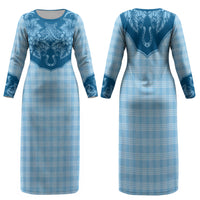 Hawai'i Paniolo Motif Deep Blue Family Matching Long Sleeve Bodycon Dress and Hawaiian Shirt Floral Palaka Print LT7 Mom's Dress Navy Blue - Polynesian Pride