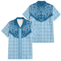 Hawai'i Paniolo Motif Deep Blue Family Matching Long Sleeve Bodycon Dress and Hawaiian Shirt Floral Palaka Print LT7 Dad's Shirt - Short Sleeve Navy Blue - Polynesian Pride