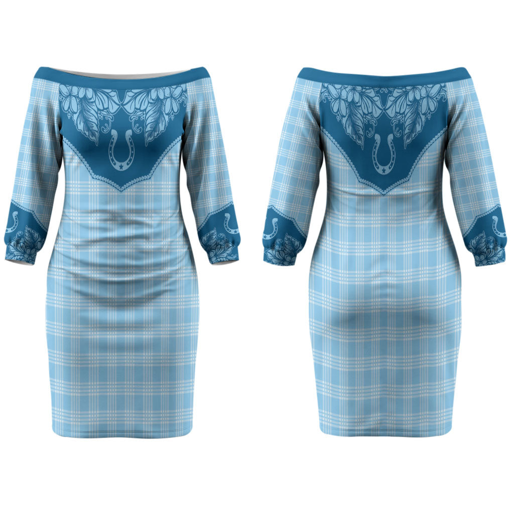 Hawai'i Paniolo Motif Deep Blue Family Matching Off The Shoulder Long Sleeve Dress and Hawaiian Shirt Floral Palaka Print LT7 Mom's Dress Navy Blue - Polynesian Pride