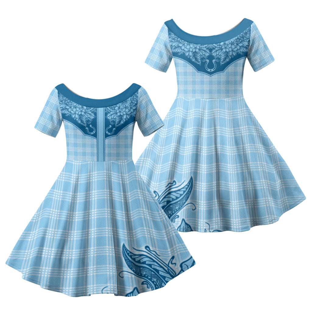 Hawai'i Paniolo Motif Deep Blue Family Matching Off Shoulder Short Dress and Hawaiian Shirt Floral Palaka Print LT7 Daughter's Dress Navy Blue - Polynesian Pride