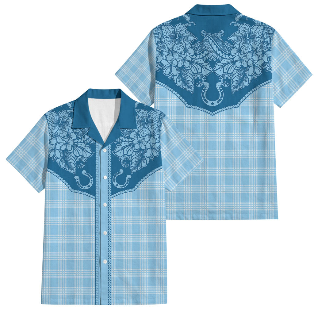 Hawai'i Paniolo Motif Deep Blue Family Matching Short Sleeve Bodycon Dress and Hawaiian Shirt Floral Palaka Print LT7 Dad's Shirt - Short Sleeve Navy Blue - Polynesian Pride