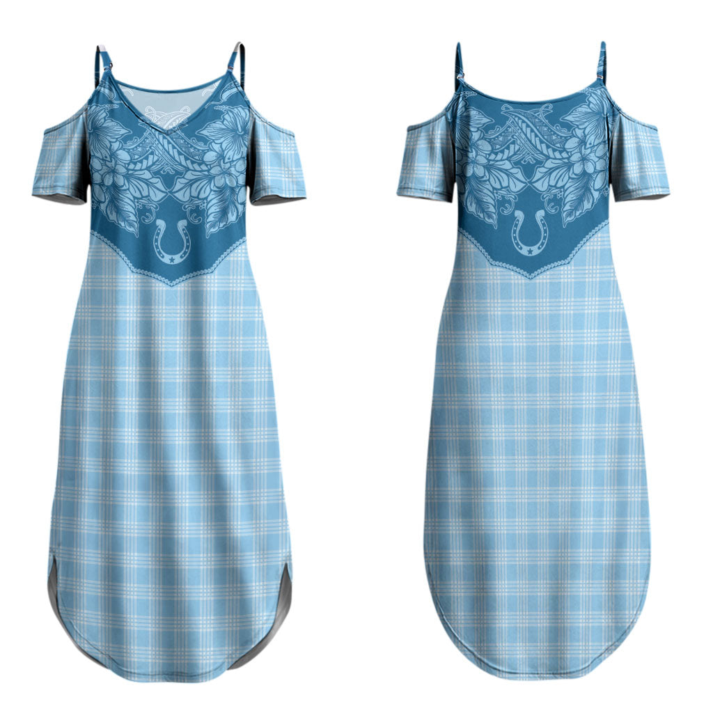 Hawai'i Paniolo Motif Deep Blue Family Matching Summer Maxi Dress and Hawaiian Shirt Floral Palaka Print LT7 Mom's Dress Navy Blue - Polynesian Pride