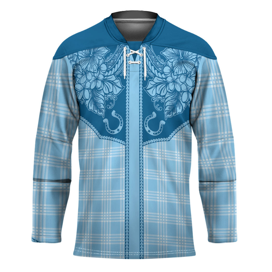 Hawai'i Paniolo Motif Deep Blue Hockey Jersey Floral Palaka Print LT7 Unisex Navy Blue - Polynesian Pride