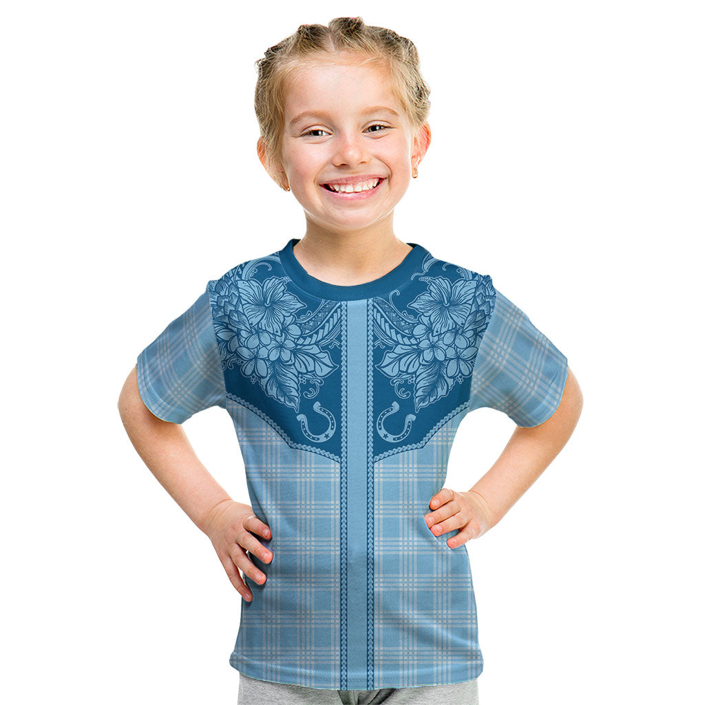 Hawai'i Paniolo Motif Deep Blue Kid T Shirt Floral Palaka Print LT7 Navy Blue - Polynesian Pride