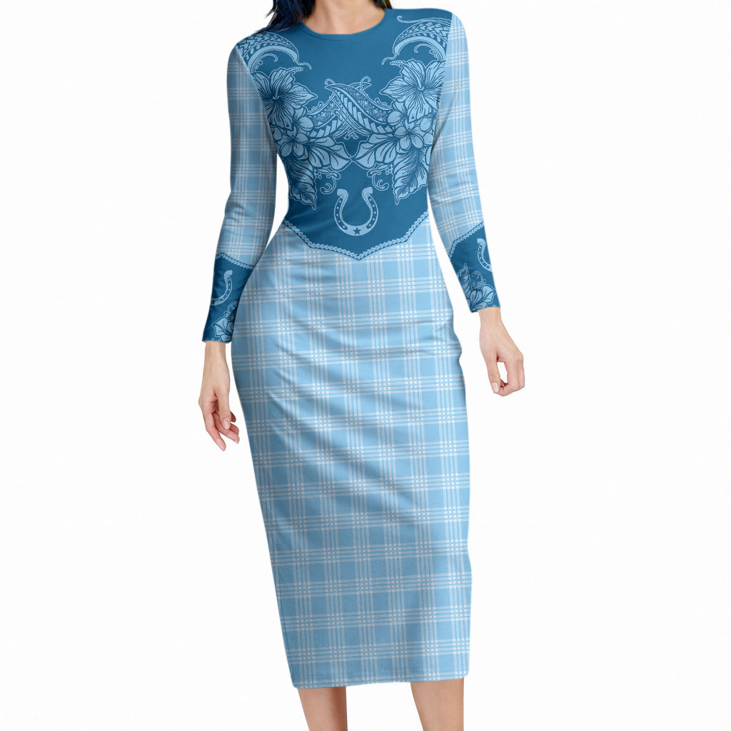 Hawai'i Paniolo Motif Deep Blue Long Sleeve Bodycon Dress Floral Palaka Print