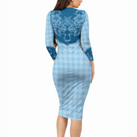 Hawai'i Paniolo Motif Deep Blue Long Sleeve Bodycon Dress Floral Palaka Print