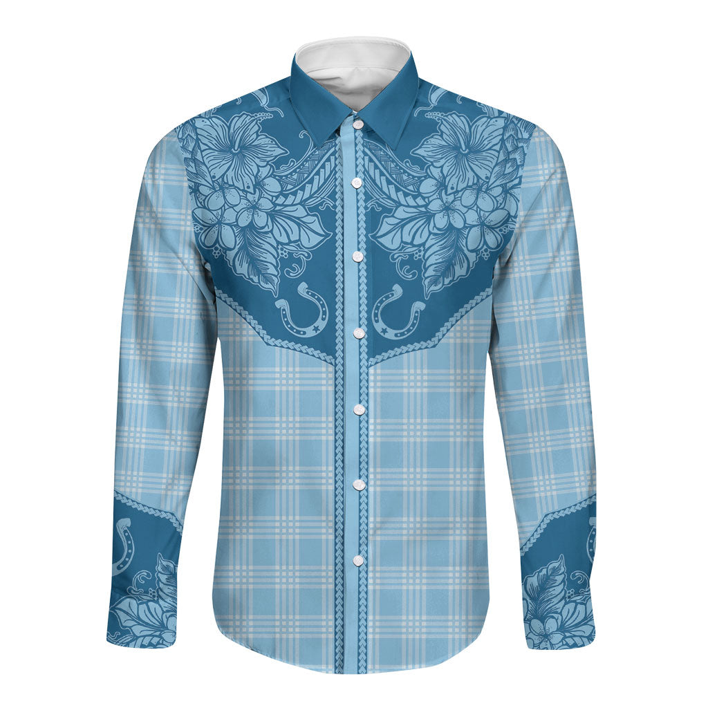 Hawai'i Paniolo Motif Deep Blue Long Sleeve Button Shirt Floral Palaka Print LT7 Unisex Navy Blue - Polynesian Pride