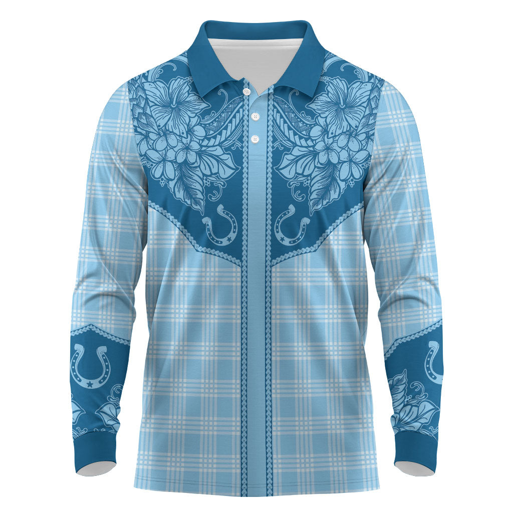 Hawai'i Paniolo Motif Deep Blue Long Sleeve Polo Shirt Floral Palaka Print LT7 Navy Blue - Polynesian Pride